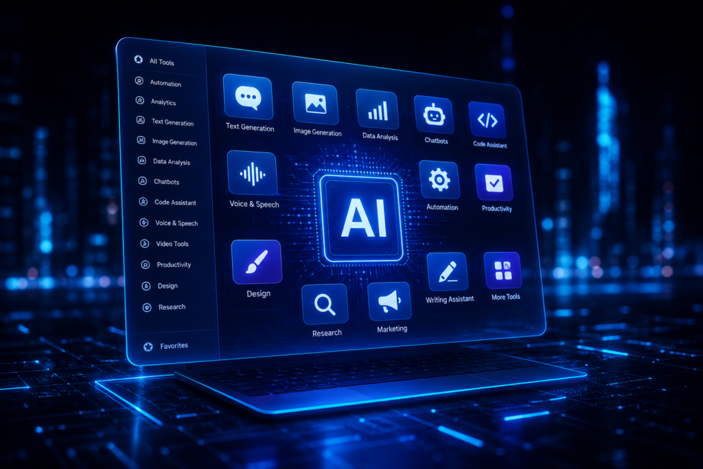 Futuristic AI tools platform dashboard
