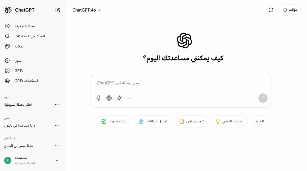 واجهة ChatGPT باللغة العربية تعرض المحادثات وأدوات إنشاء الصور وتحليل البيانات والتلخيص