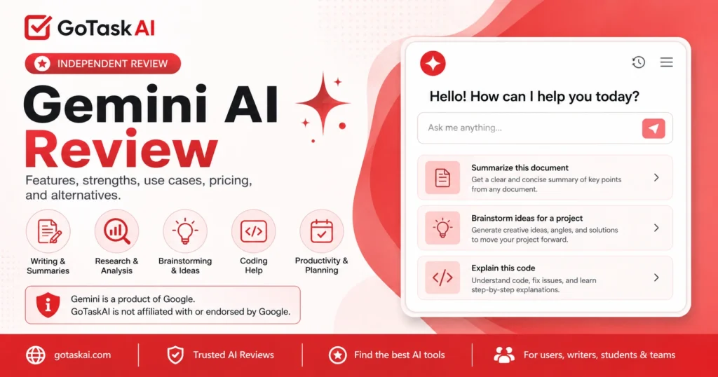 Gemini AI review covering features, pricing, strengths, use cases, and alternatives