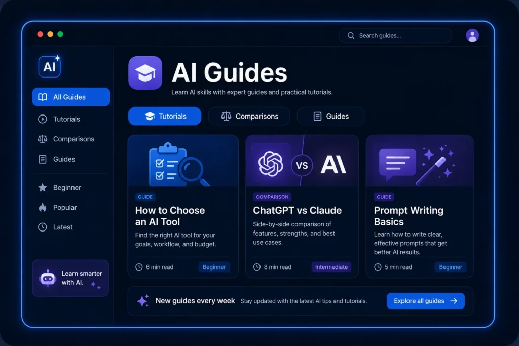 AI guides learning hub showing tutorials, comparisons, and practical articles for choosing AI tools