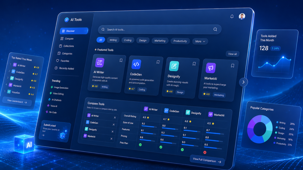 GoTaskAI AI tools directory dashboard interface showing search, categories, tool cards, ratings, and comparison features