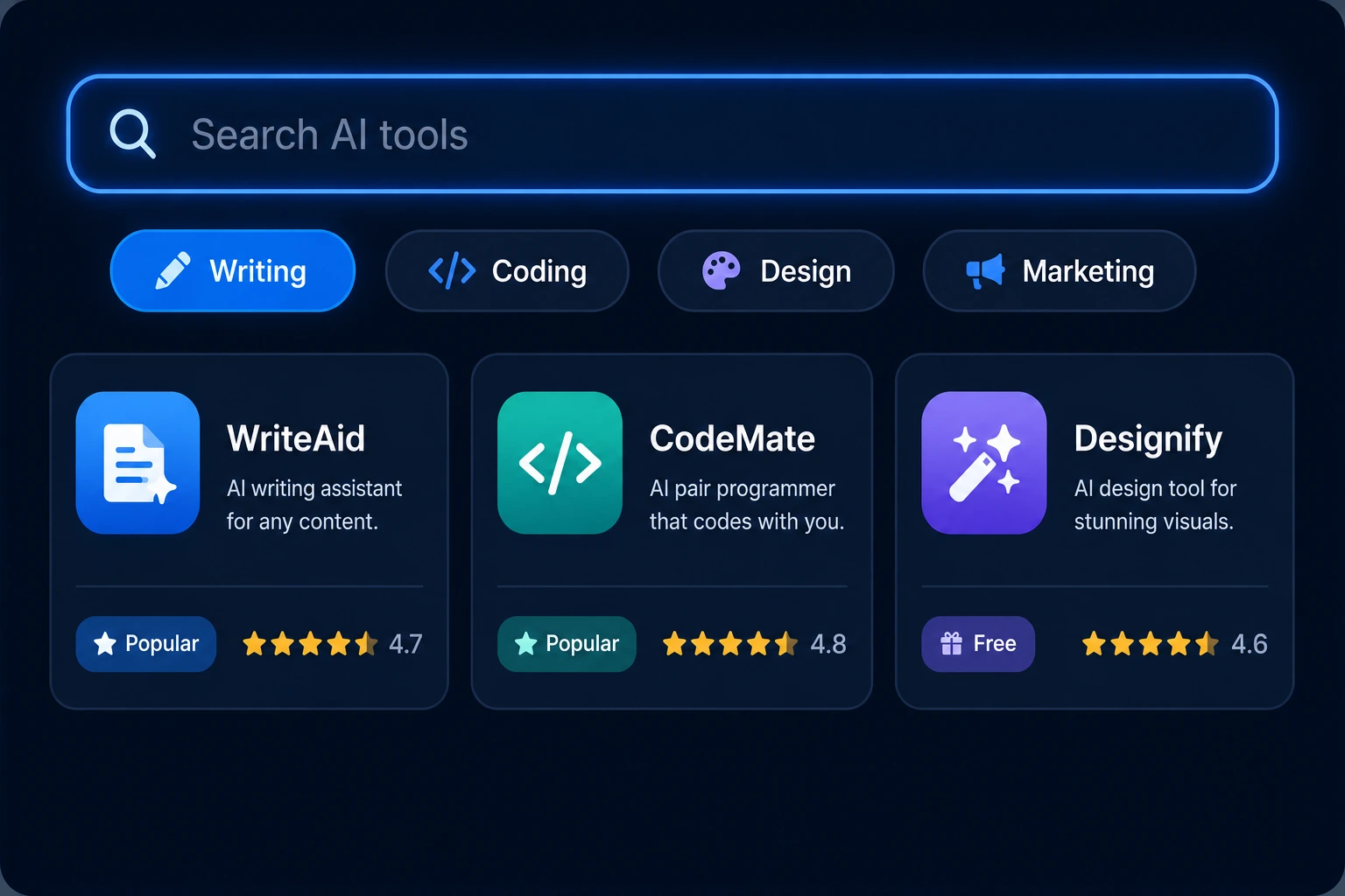 AI tools directory search interface showing categories, search, and AI tool cards