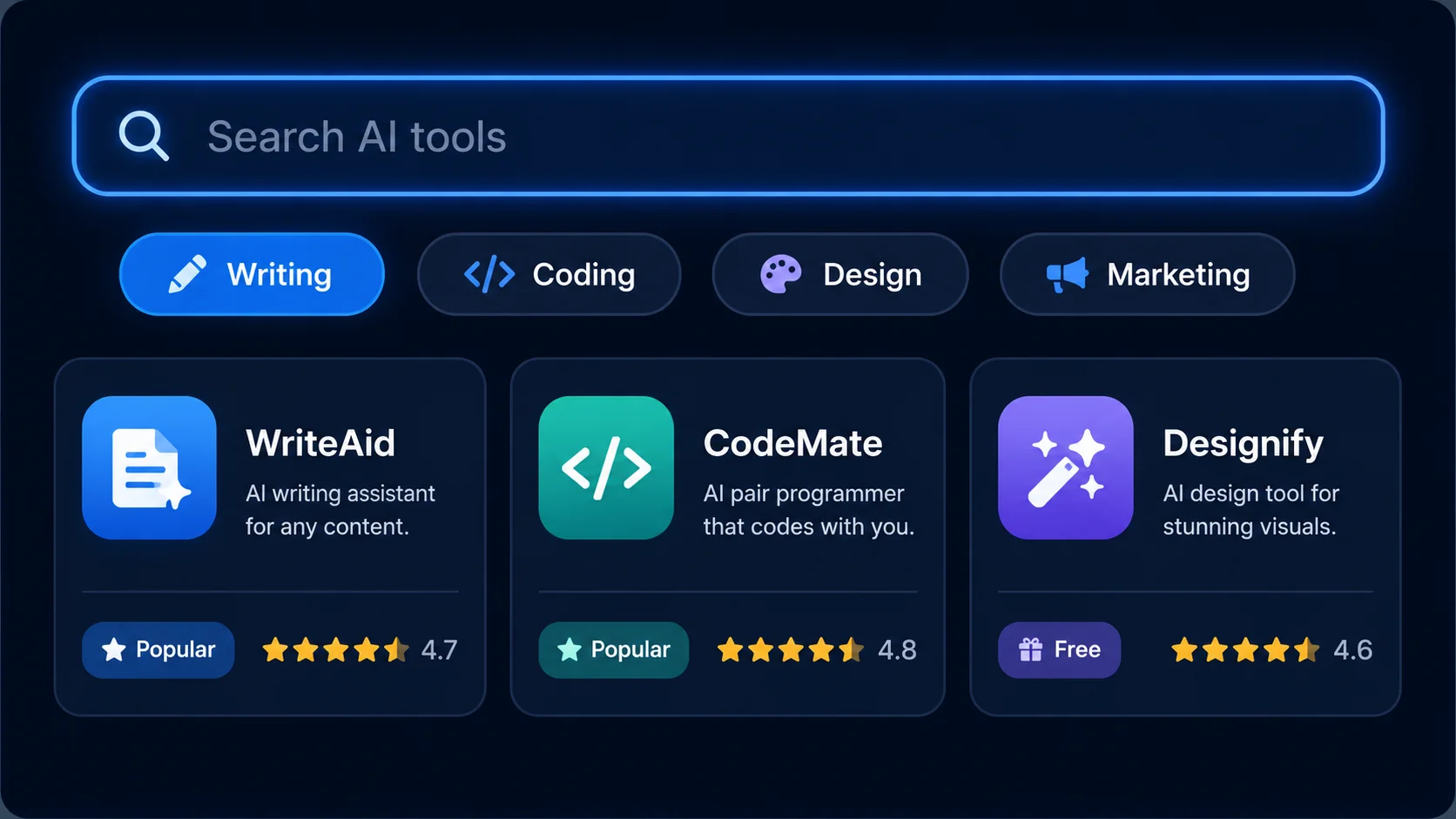 AI tools directory search interface showing categories, search, and AI tool cards