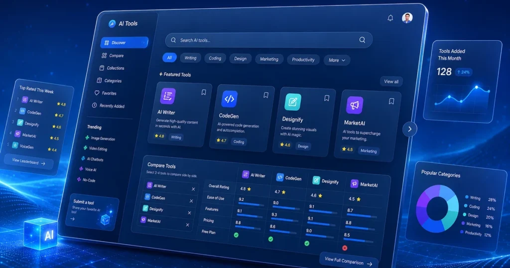 GoTaskAI dashboard for finding and comparing the best AI tools by category, ratings, and comparison data.