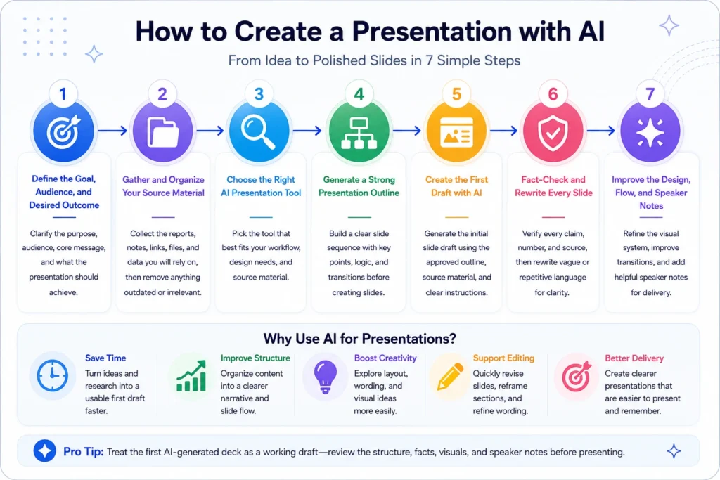 Seven-step workflow for creating a presentation with AI