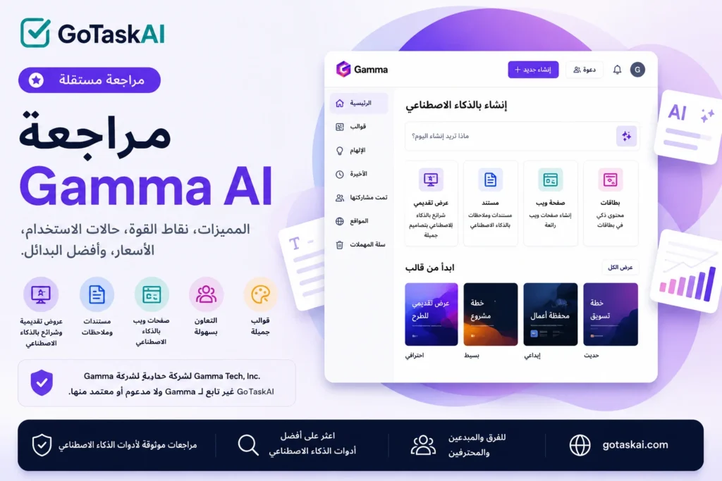 صورة مراجعة Gamma AI بالعربية تعرض إنشاء العروض التقديمية والمستندات وصفحات الويب بالذكاء الاصطناعي