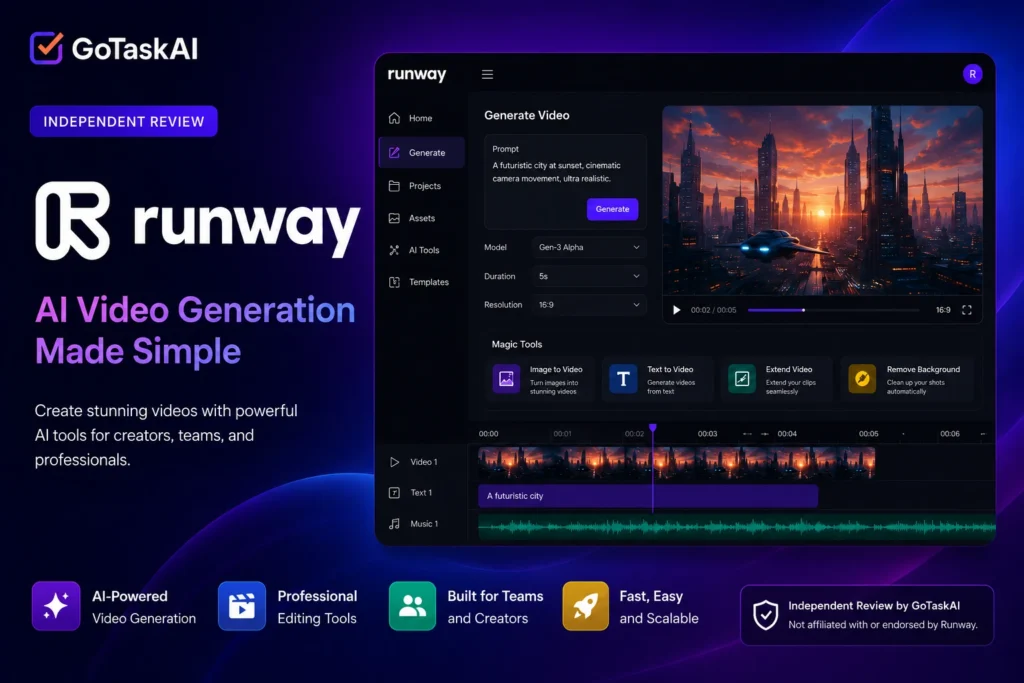 Runway AI video generation platform review by GoTaskAI