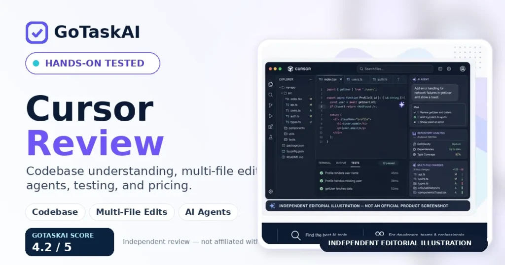Cursor review OG image by GoTaskAI showing codebase analysis, multi-file editing, AI agents, testing, and a 4.2 out of 5 GoTaskAI Score