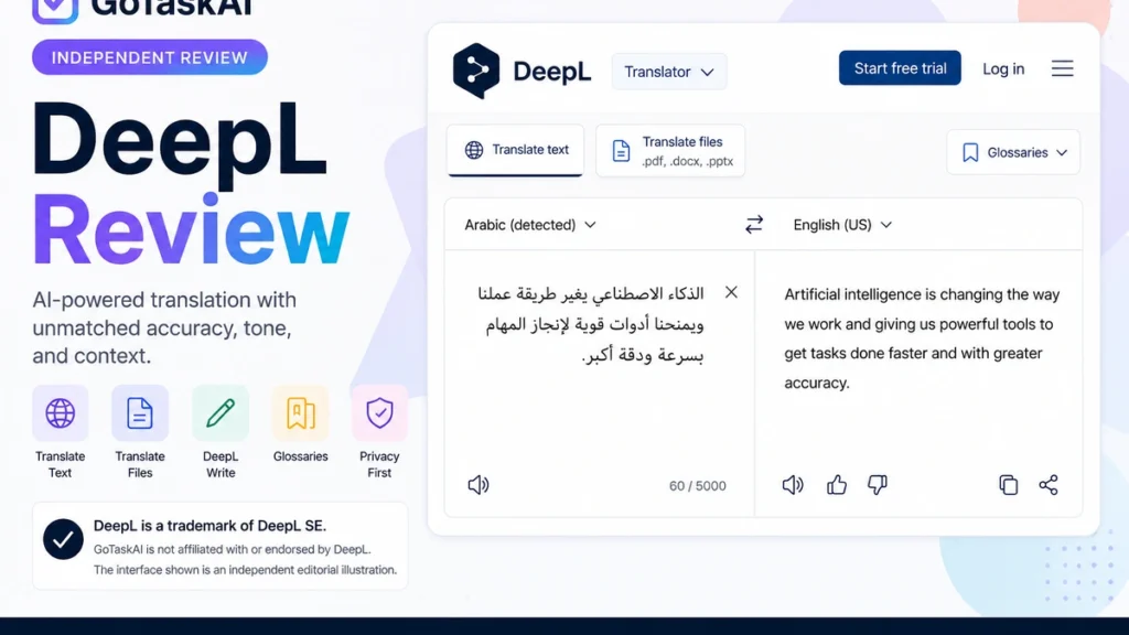 DeepL review by GoTaskAI with translation features and interface illustration