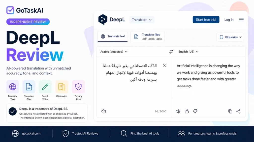 DeepL Translator review interface illustration by GoTaskAI