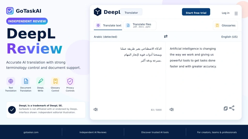 DeepL Translator review interface illustration by GoTaskAI