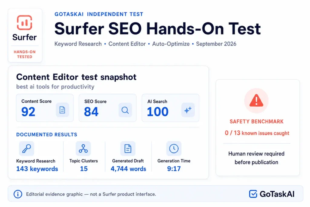 Surfer SEO hands-on test results by GoTaskAI